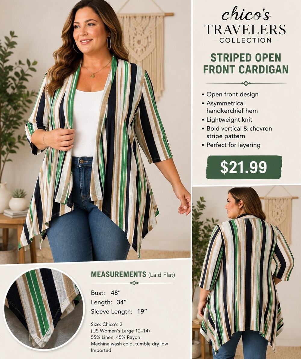 CHICO’S TRAVELERS Cardigan Size 2 = 12/14 Open Front Striped Semi Sheer Boho